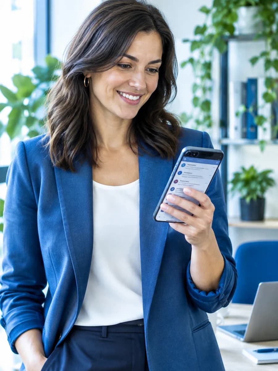 A business owner reading her work email on her phone